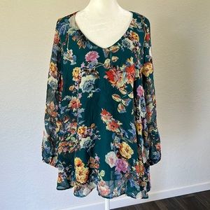 Show Me Your Mumu Tunic Top - Green Floral -Long Sleeves